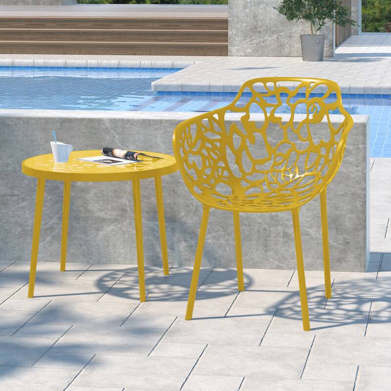Angle. LeisureMod - Devon Stackable Aluminum Dining Chair with Floral Cutout Design Side Chair for Indoor Outdoor - Yellow.