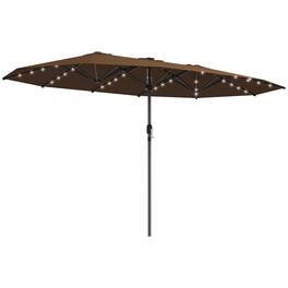 Outsunny - 14.8ft Double Umbrella, Large Outdoor Patio Sun Shade with LED Solar Light for Garden - Coffee