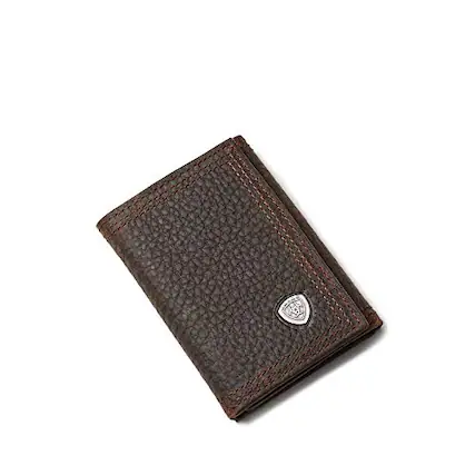Front. Vulpecula Spade - Men's Trifold Wallet, Oil Tan Dark Copper Leather, Brand Concho, Multiple Slots - Brown.