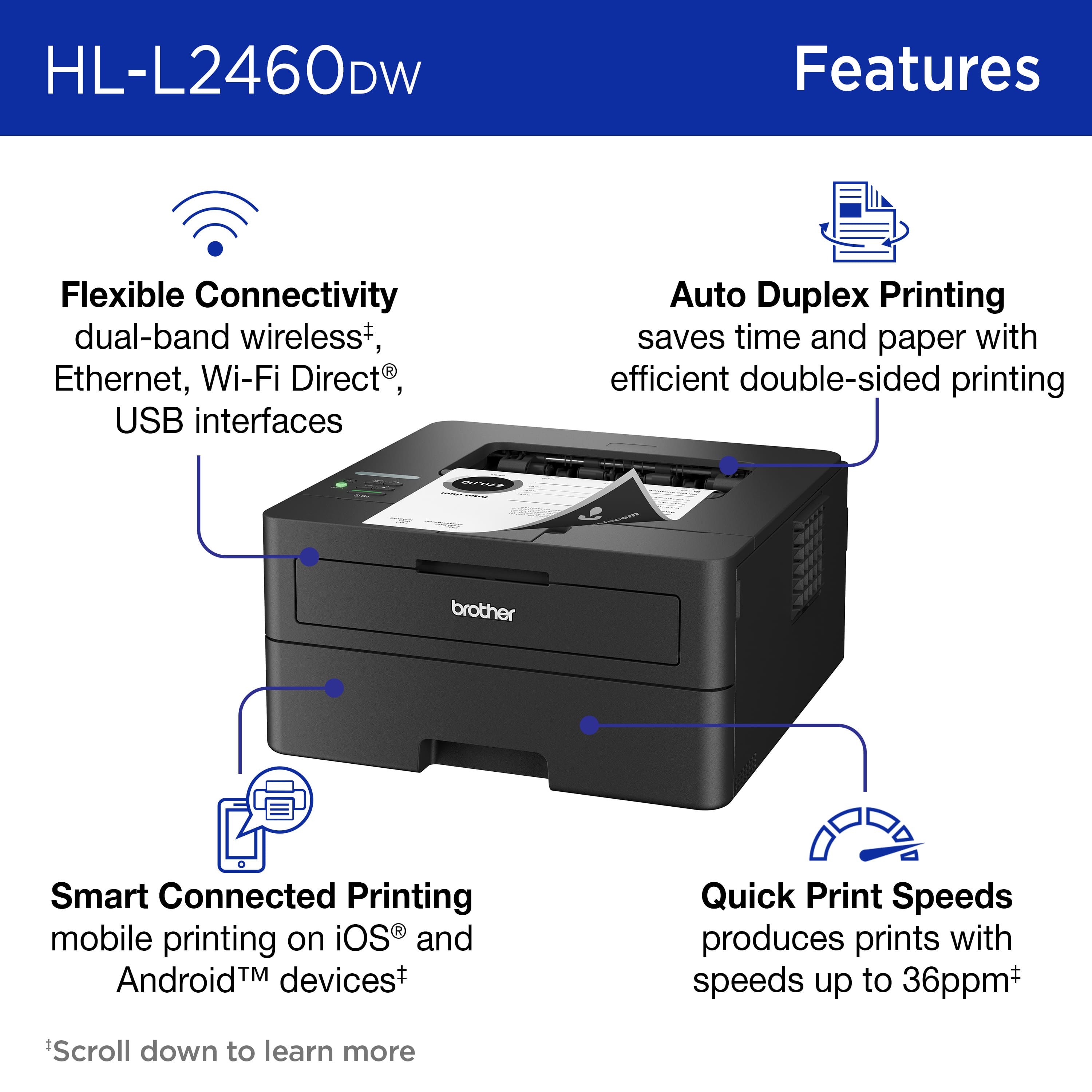 HL-L2460DW Features:
1. Flexible Connectivity: dual-band wireless+, Ethernet, Wi-Fi Direct, USB interfaces
2. Auto Duplex Printing: saves time and paper with efficient double-sided printing
3. Brother Smart Connected Printing: mobile printing on iOS and Android TM devices+
4. Quick Print Speeds: produces prints with speeds up to 36ppm+
5. Scroll down to learn more.