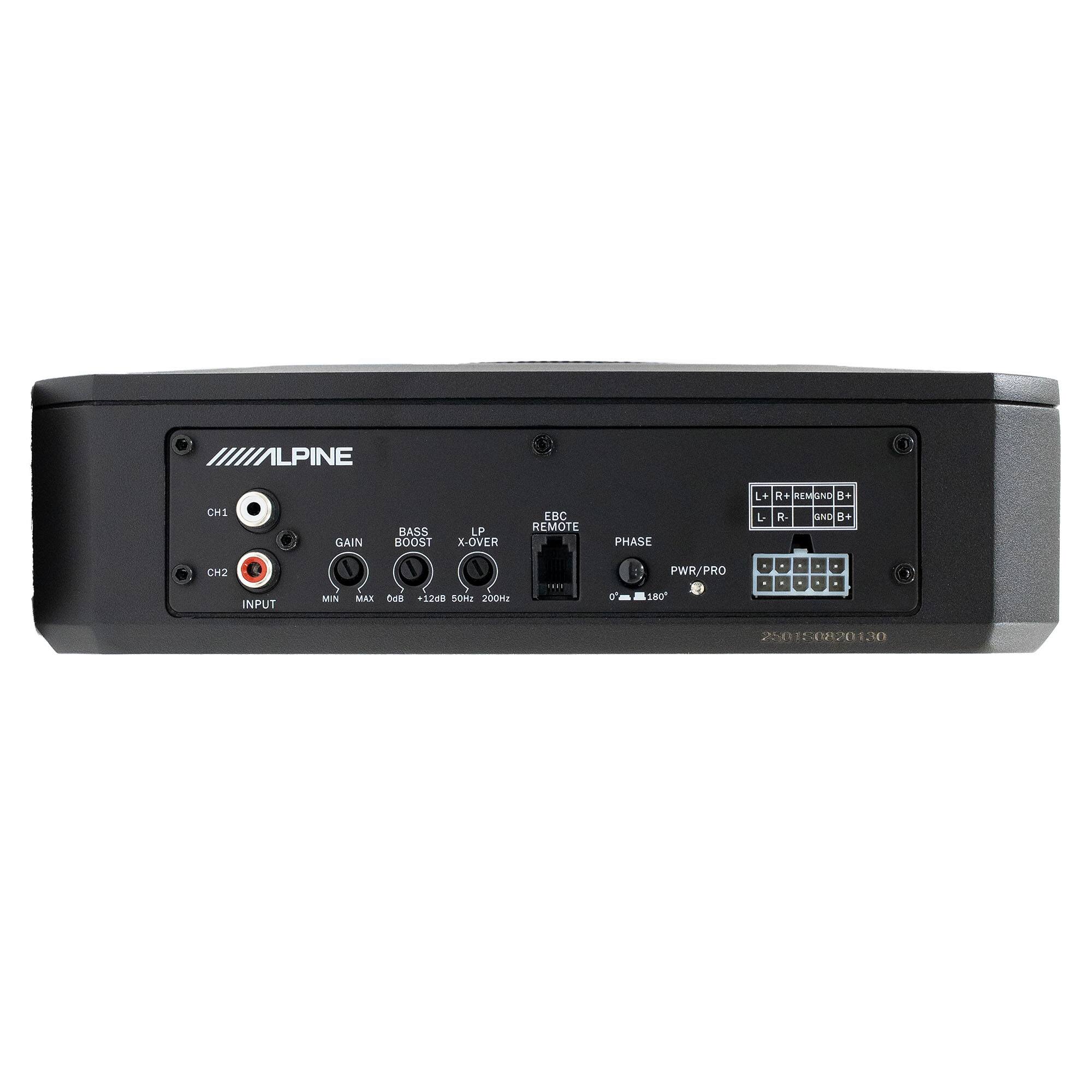 1LPINE CH1 GAIN BASS BOOST LP X-OVER EBC REMOTE PHASE L+ L H+ REMOND 1O 3e R SND B+ CH2 INPUT MIN MAX +12dB SOHZ 200M a - PWR/PRO 180 . . . . - . . 250 1 N 30
