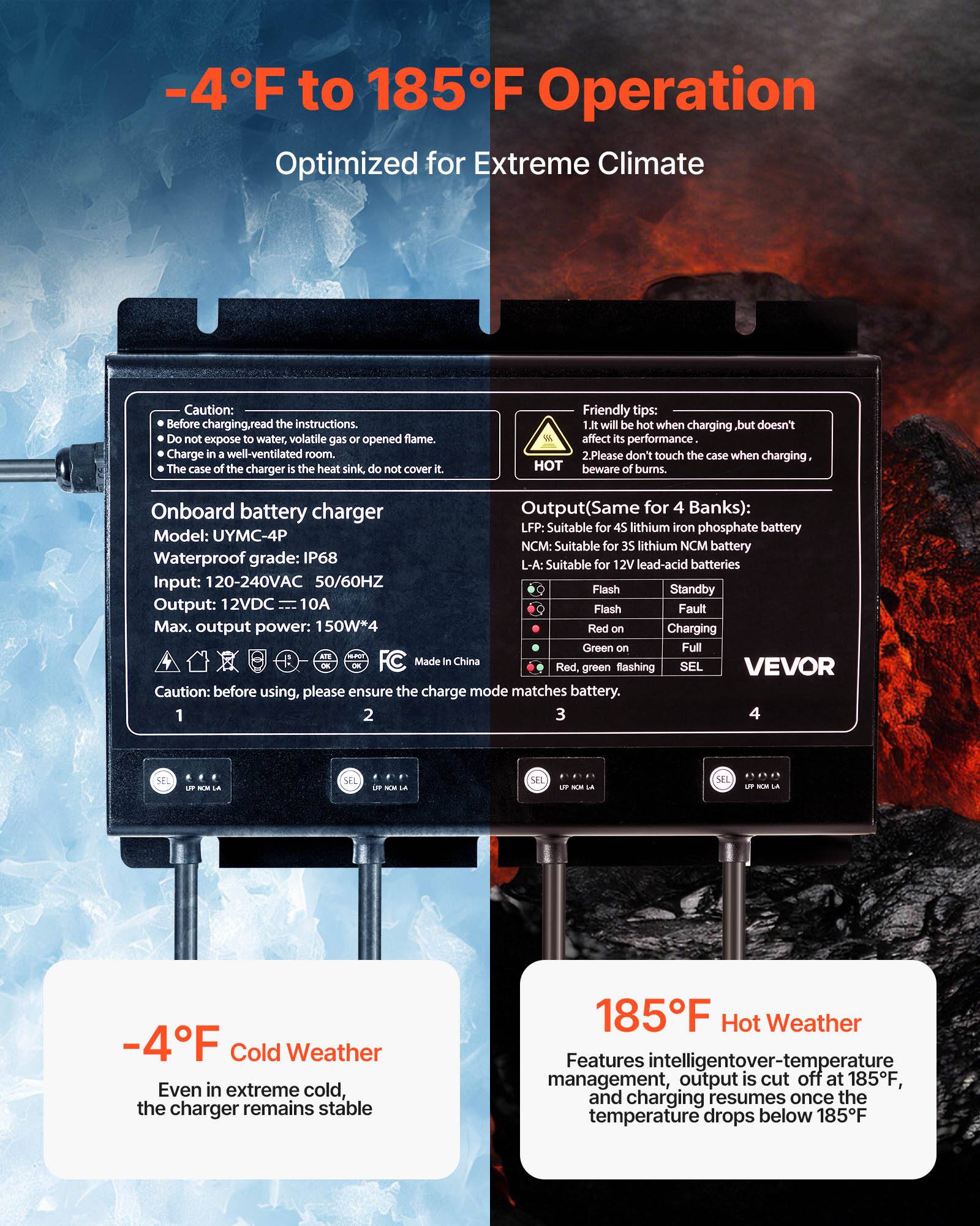 -4°F to 185°F Operation  
Optimized for Extreme Climate

Caution: Before charging, read the instructions. Do not expose to water, volatile gas or open flame. Charge in a well-ventilated room. The case of the charger is the heat sink, do not cover it.

Friendly tips:  
1. It will be hot when charging but doesn't affect its performance.  
2. Please don't touch the case when charging, HOT beware of burns.

Onboard battery charger  
Model: UYMC-4P  
Waterproof grade: IP68  
Input: 120-240VAC 50/60HZ  
Output: 12VDC 10A  
Max. output power: 150W*4  
Red on Charging  
Green on Full  
Made In China  
Red, green flashing SEL

Output (Same for 4 Banks):  
LFP: Suitable for 4S lithium iron phosphate battery  
NCM: Suitable for 3S lithium NCM battery  
L-A: Suitable for 12V lead-acid batteries

Flash Standby  
Flash Fault  
Red on Charging  
Green on Full  
Red, green flashing SEL

Caution