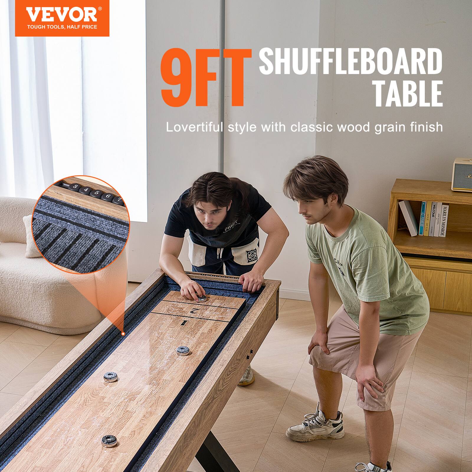 VEVOR TOUGH TOOLS. HALF PRICE SHUFFLEBOARD 9FT TABLE Lovertiful style with classic wood grain finish