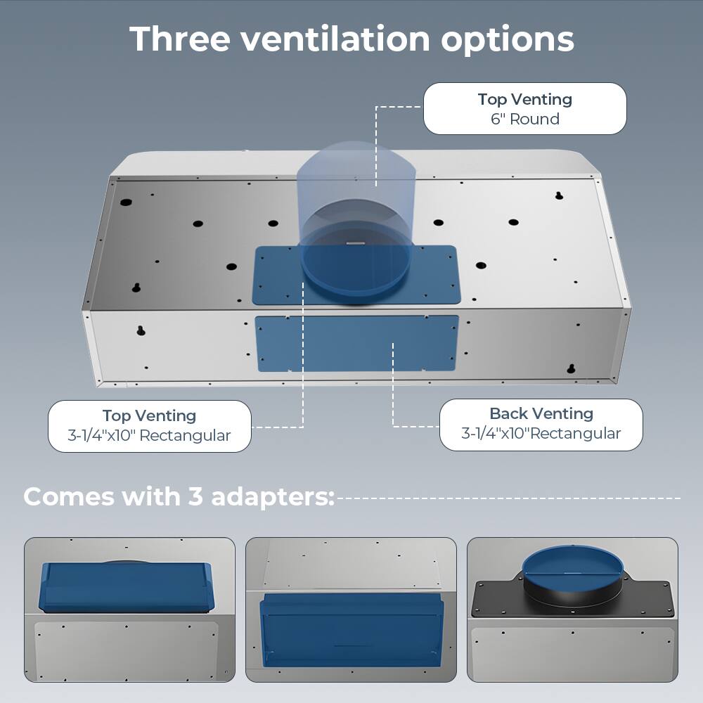 Three ventilation options

- Top Venting 6" Round
- Top Venting 3-1/4"x10" Rectangular
- Back Venting 3-1/4"x10" Rectangular

Comes with 3 adapters: