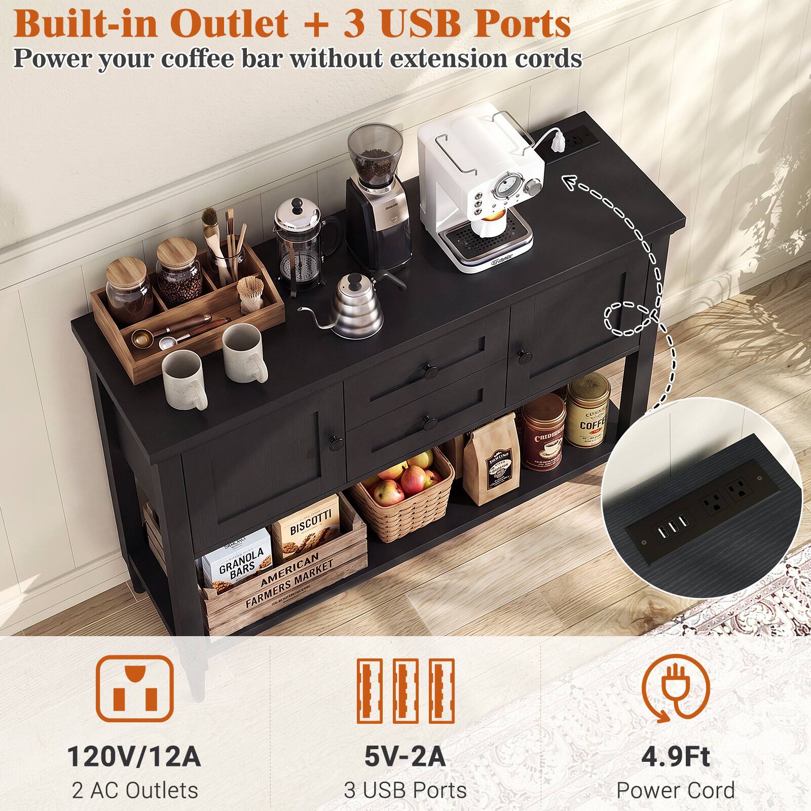 Built-in Outlet + 3 USB Ports  
Power your coffee bar without extension cords

COFF Carneme  
COLIC BISCOTTI GRANOLA BARS AMERICAN MARKET FARMERS

120V/12A  
2 AC Outlets  
5V-2A  
3 USB Ports  
4.9Ft Power Cord