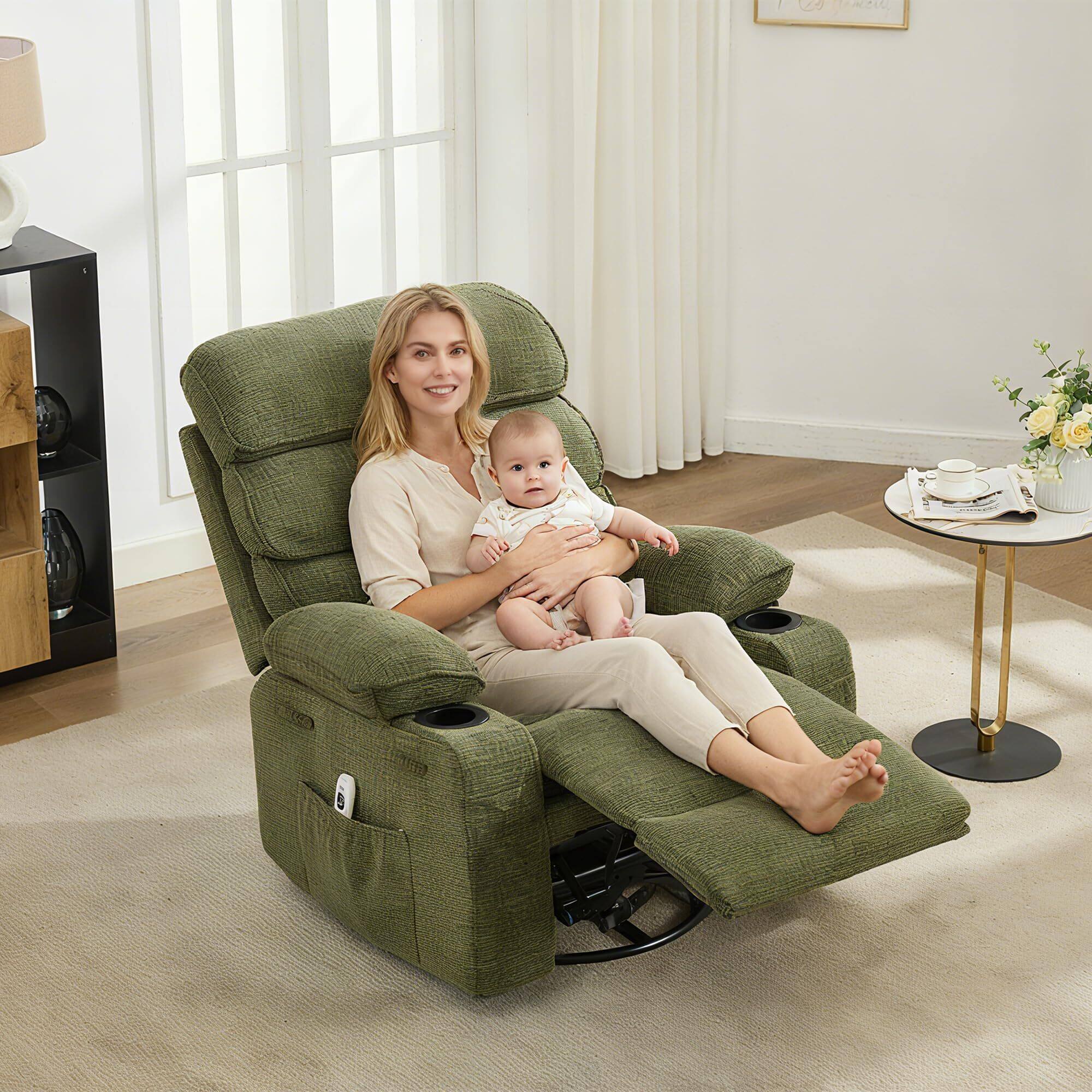 Alt View 6. Acekool - 360° Swivel Massage Rocker Recliner with Heat & Linen Upholstery, Glider Chair with 2 Cup Holders & Side Pocket - Green.