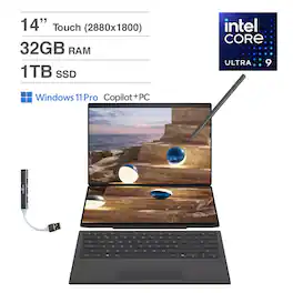 ASUS - Zenbook Duo 2-in-1 Laptop 14.0 2.8K Display (Intel Ultra 9-285H, 32GB LPDDR5X, 1TB PCIe SSD, Win 11 Pro) - Inkwell Gray