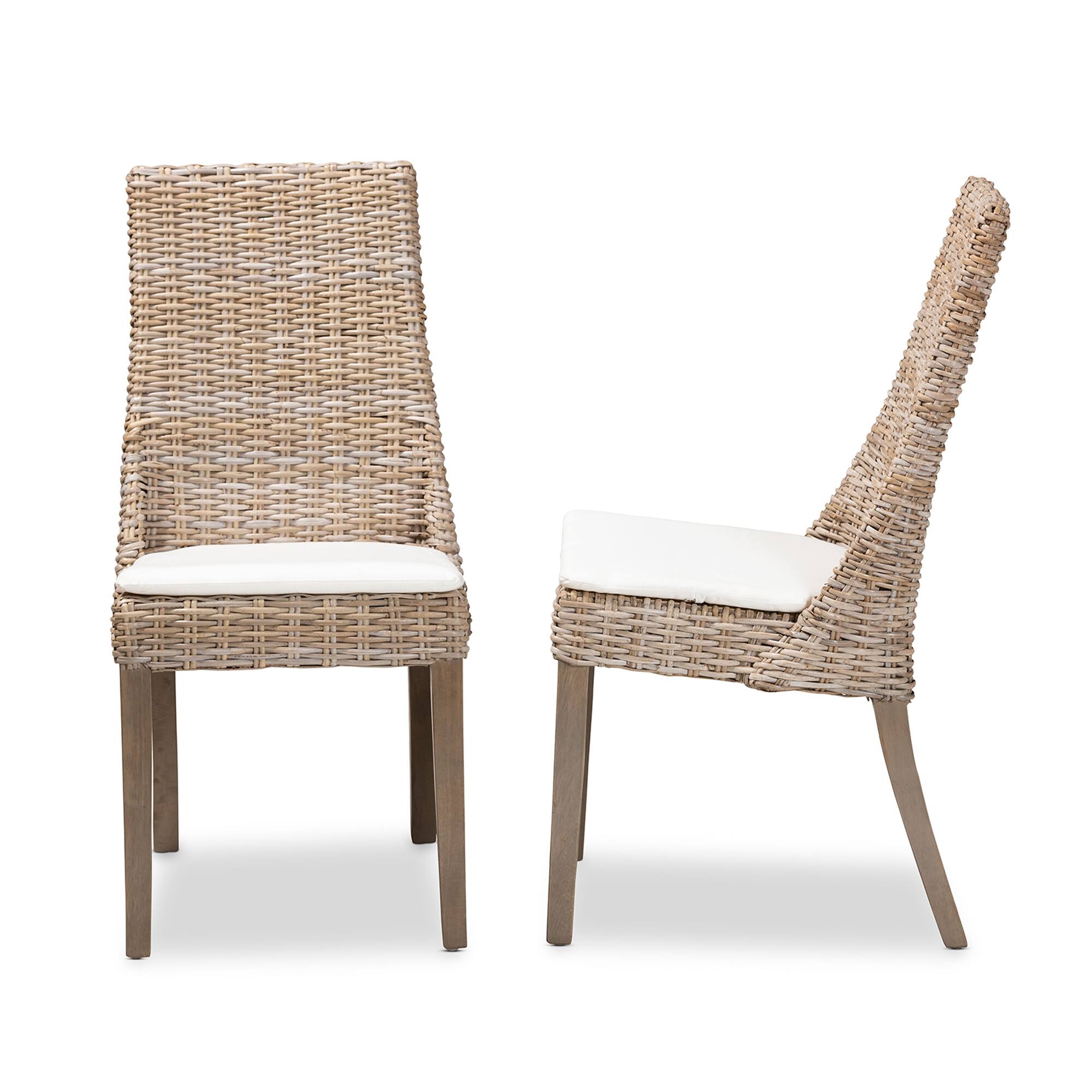 Left. bali & pari - Toby Modern Bohemian Rattan 2-Piece Dining Chair Set - White/Greywashed/Brown.