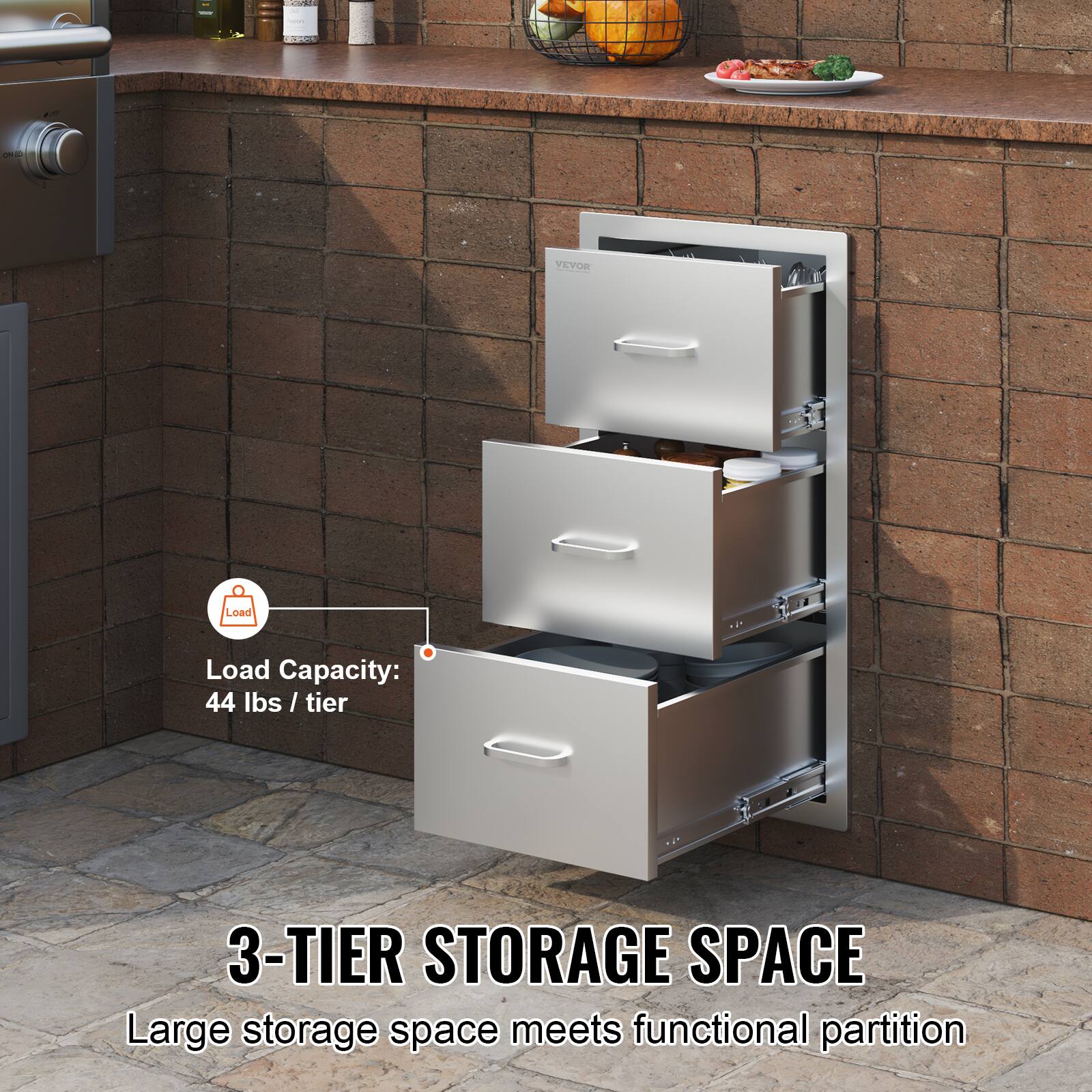 Load Capacity:  
44 lbs / tier  

3-TIER STORAGE SPACE  
Large storage space meets functional partition