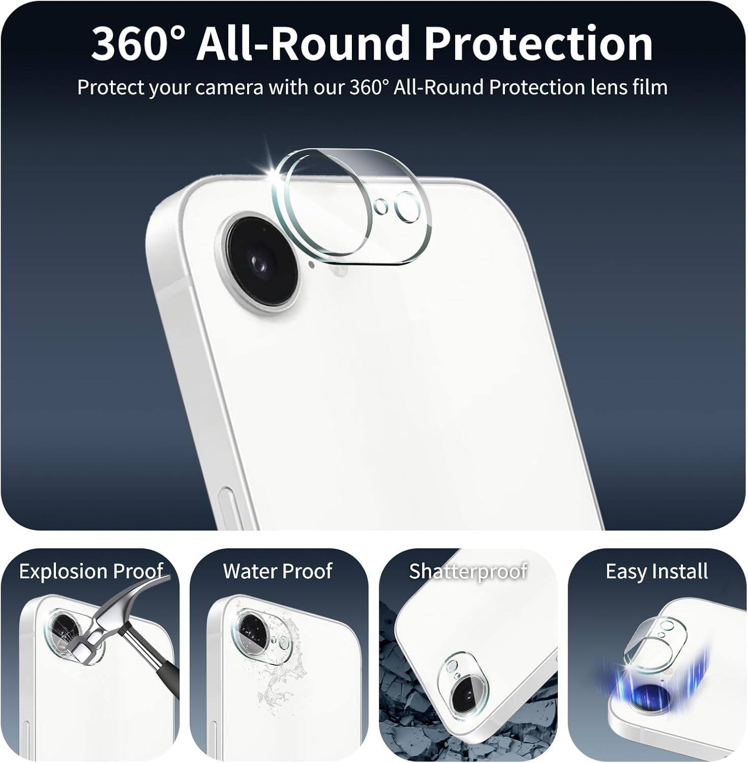 360° All-Round Protection  
Protect your camera with our 360° All-Round Protection lens film  

- Explosion Proof  
- Water Proof  
- Shatterproof  
- Easy Install