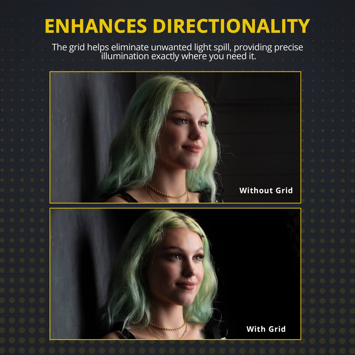 ENHANCES DIRECTIONALITY

The grid helps eliminate unwanted light spill, providing precise illumination exactly where you need it.

Without Grid

With Grid