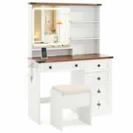 SlickBlue - 3-Color Lighted Mirror Vanity Set in Farmhouse Style - White, Dark Brown