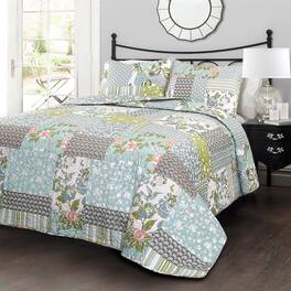 Hivvago - King Size Boho Floral Blue Cotton Lightweight Quilt Set - MultiColor