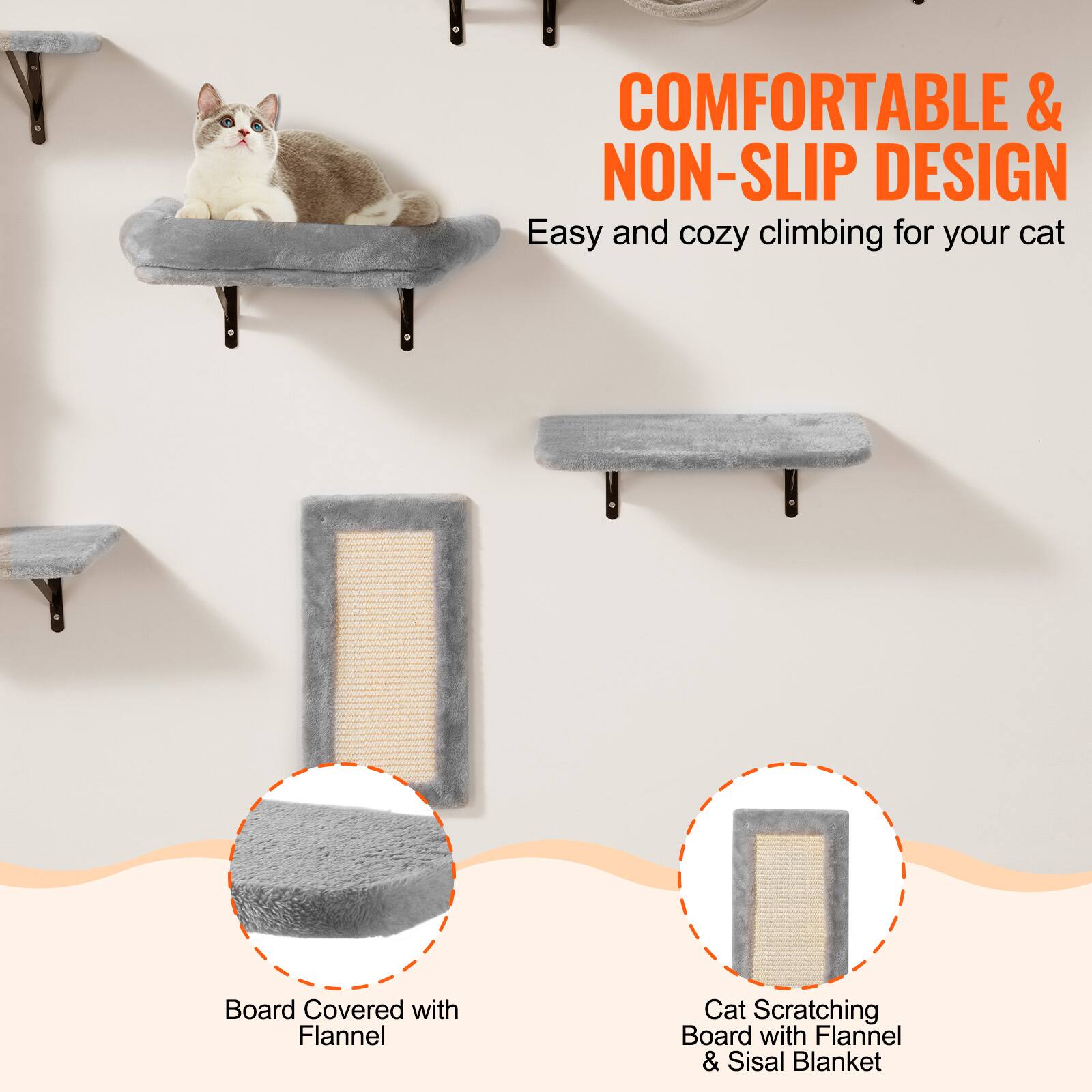COMFORTABLE & NON-SLIP DESIGN  
Easy and cozy climbing for your cat  

Board Covered with Flannel  

Cat Scratching Board with Flannel & Sisal Blanket