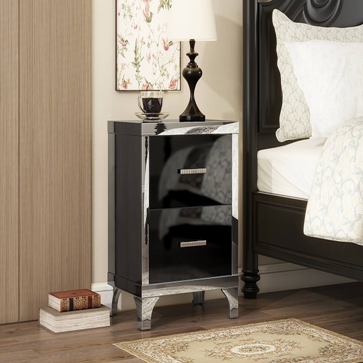 Alt View 9. Loheer - Loheer Black Two Drawer Nightstand, High Gloss Mirrored Bedside Table - Black.