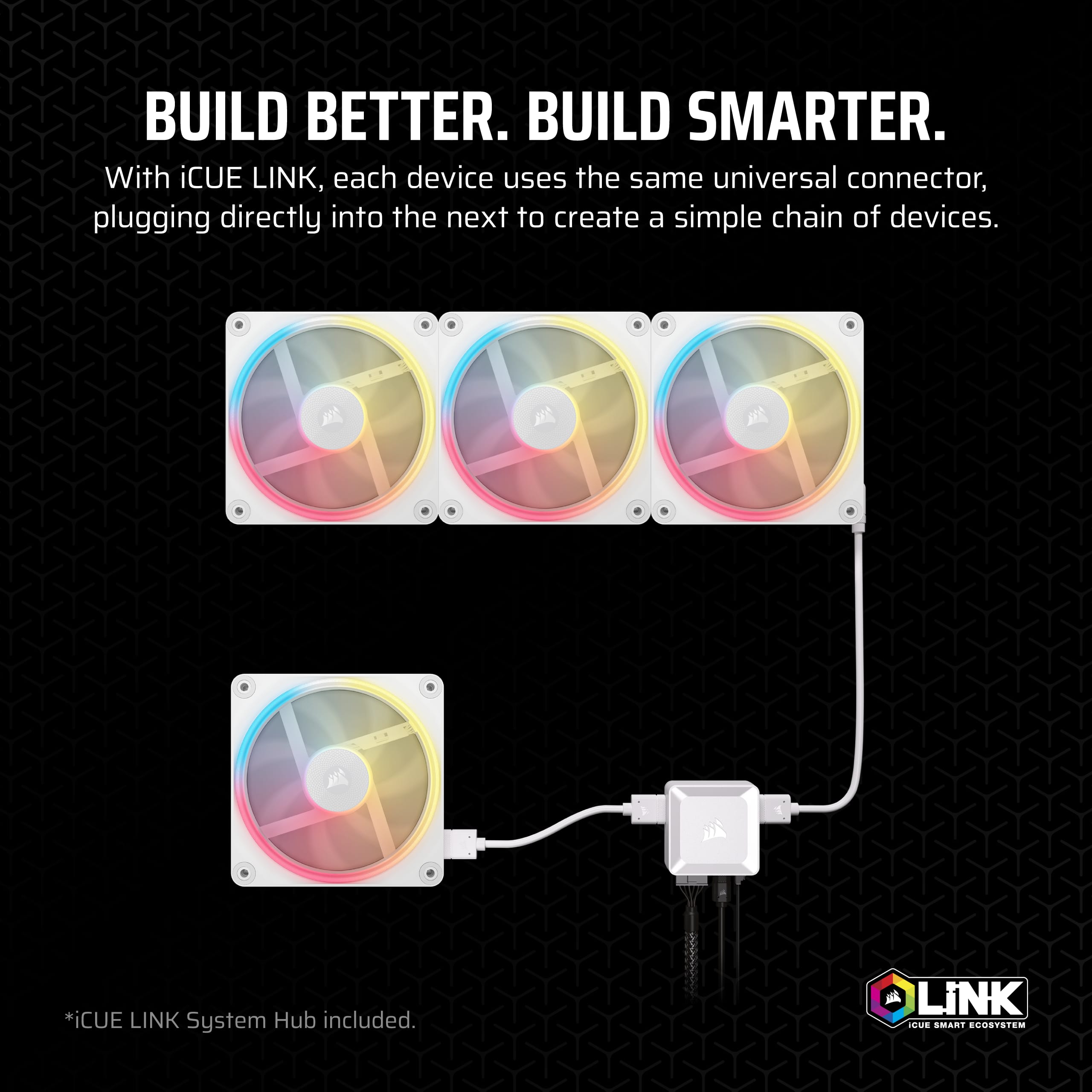 Build Better. Build Smarter. With iCUE Link, each device uses the same universal connector, plugging directly into the next to create a simple chain of devices. *iCUE Link System Hub included.