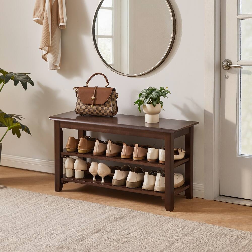 Angle. Loheer - Loheer 2-Tier Solid Wood Shoe Bench, Walnut Entryway Shoe Rack with Storage Shelves, 31.5 Inch Wide - Walnut.