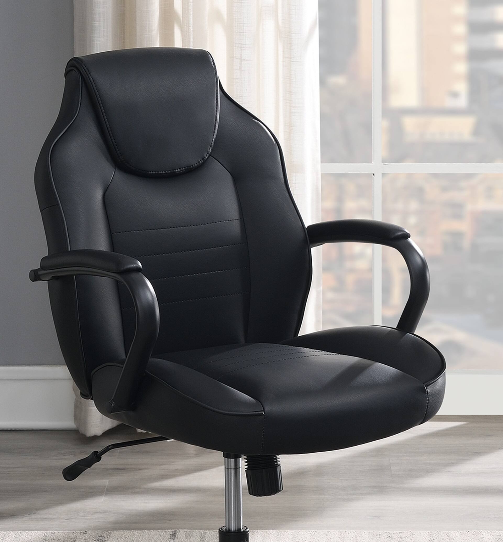 Left. APRILSOUL - Gaming And Office Chair Black Faux Leather 1pc Chairs Casters Plush Padded Chair w Arms Comfortable Chair - Black.