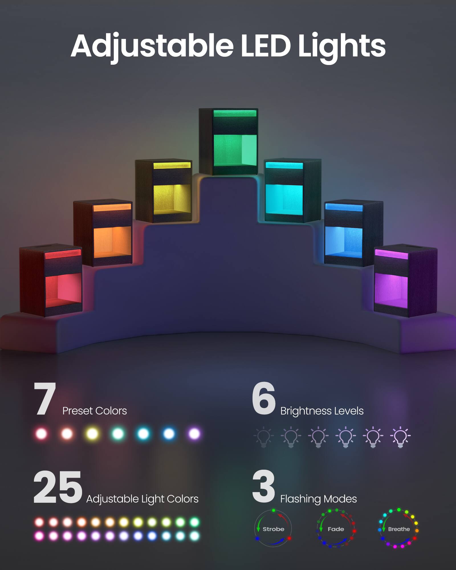 Adjustable LED Lights  
7 Preset Colors  
25 Adjustable Light Colors  
6 Brightness Levels  
3 Flashing Modes: Strobe, Fade, Breathe