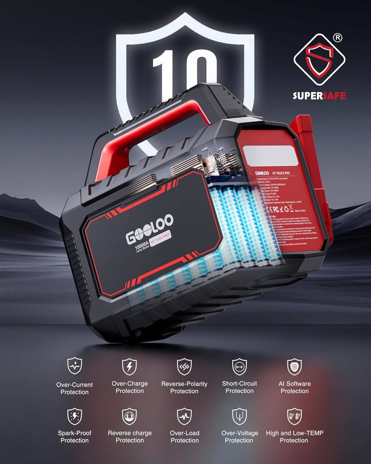 10 SUPER SAFE 500L00 o1 TRUCK PRO GOOLOO GT TRUCK PRO PB0 10000A Tarter Amp CERCEO

Over-Current Protection
Over-Charge Protection
Reverse-Polarity Protection
Short-Circuit Protection
AI Software Protection
Spark-Proof Protection
Reverse charge Protection
Over-Load Protection
Over-Voltage Protection
High and Low-TEMP Protection