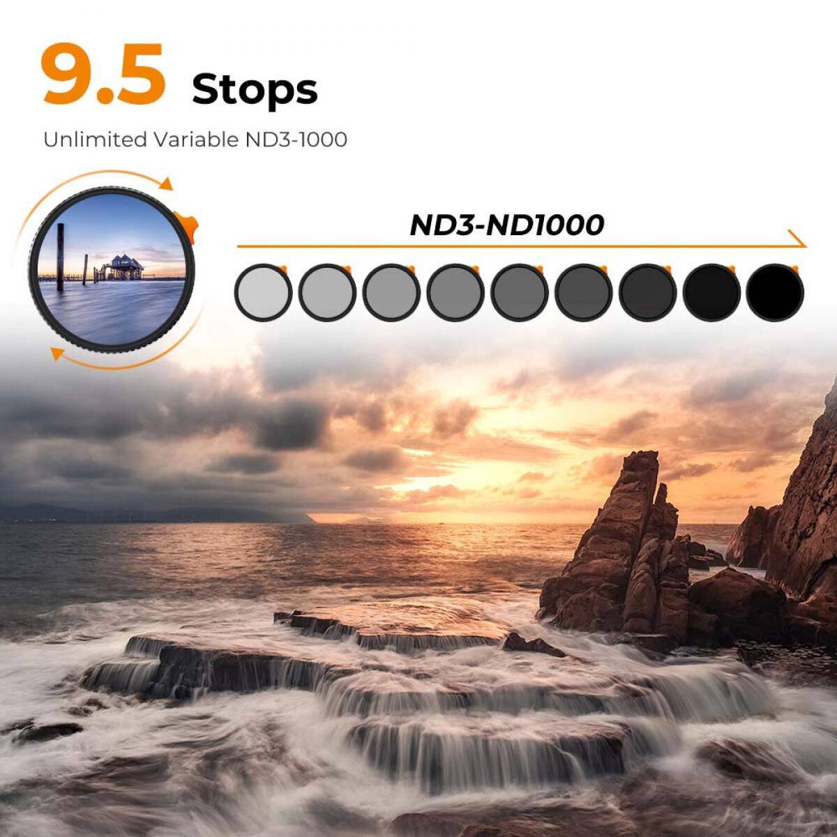 9.5 Stops  
Unlimited Variable ND3-1000  
ND3-ND1000