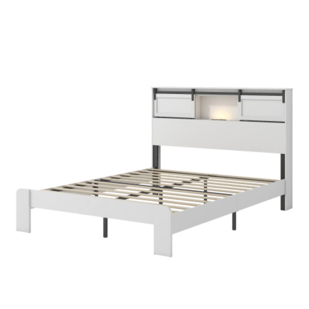 Alt View 4. LUCKY ONE - Queen Size Metal Bed Frame with Storage Headboard, USB Charging, Heavy Duty Metal Slats, No Box Spring Needed - White,QUEEN.
