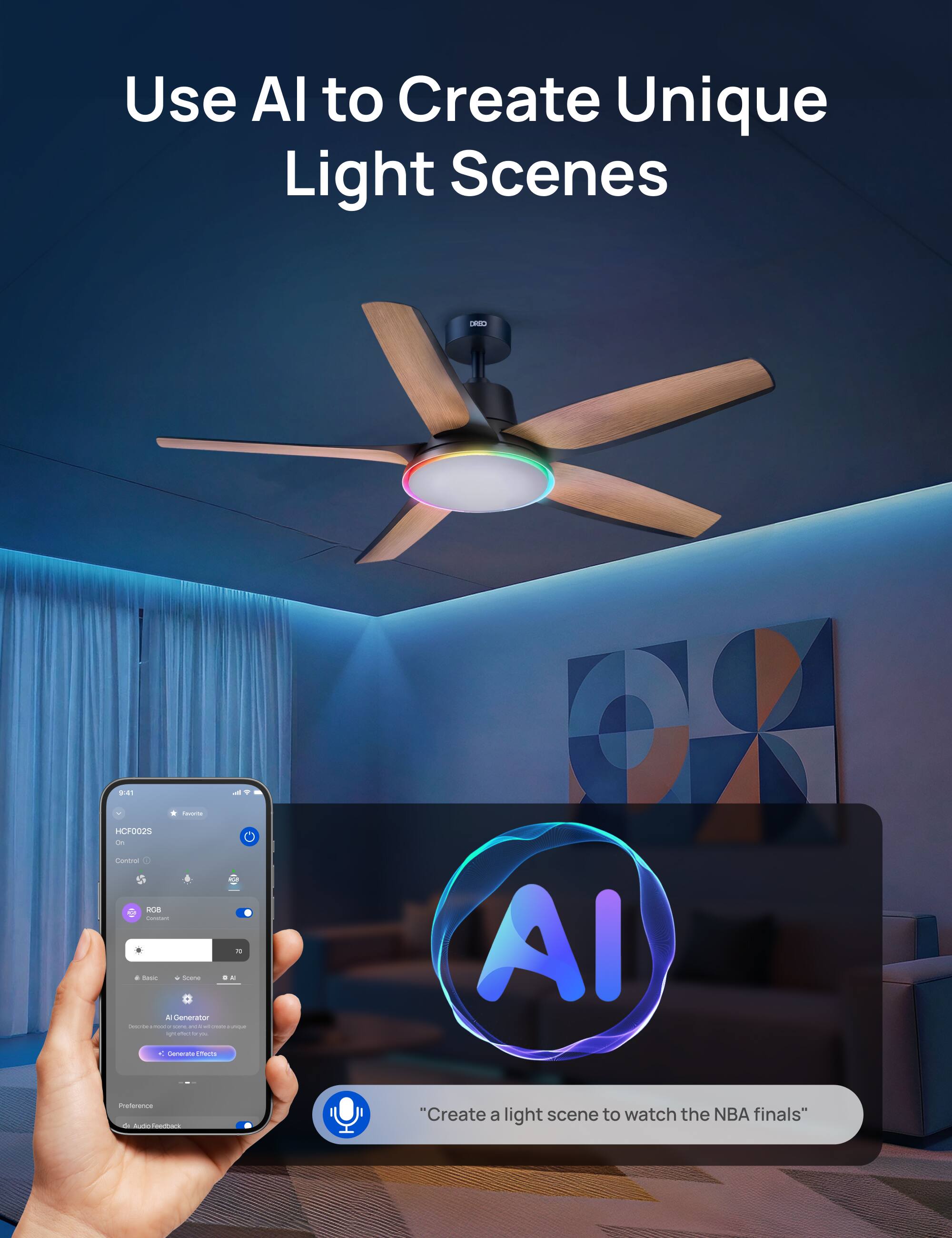 Use AI to Create Unique Light Scenes

IEEL .41 - HCPOOS Contra | NOR I - d Seane - - Generator - - I - - ! 4 - - - - Generana mars 0 AI Praterancs - A tCa

"Create a light scene to watch the NBA finals"