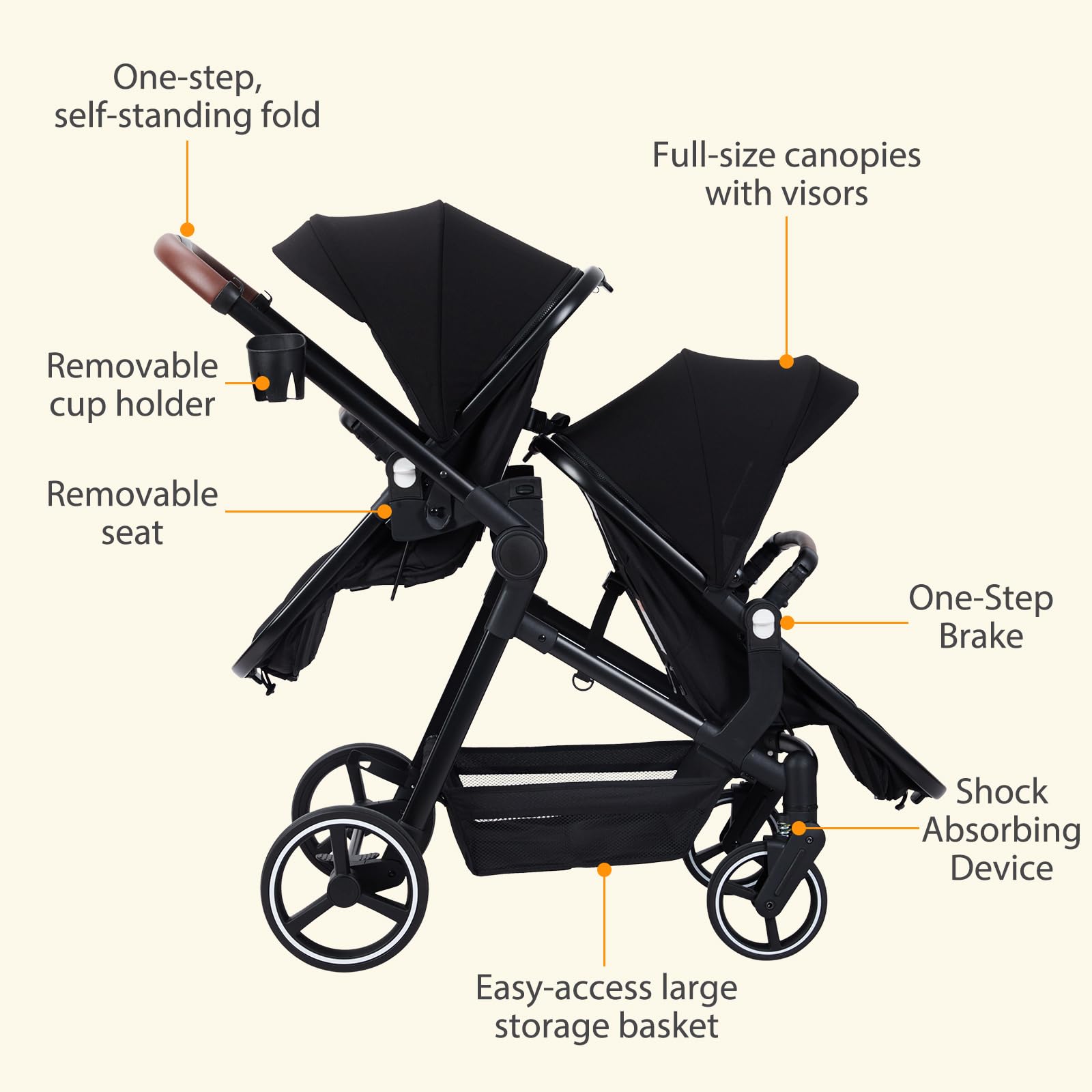 One-step, self-standing fold  
Full-size canopies with visors  
Removable cup holder  
Removable seat  
One-Step Brake  
Shock Absorbing Device  
Easy-access large storage basket