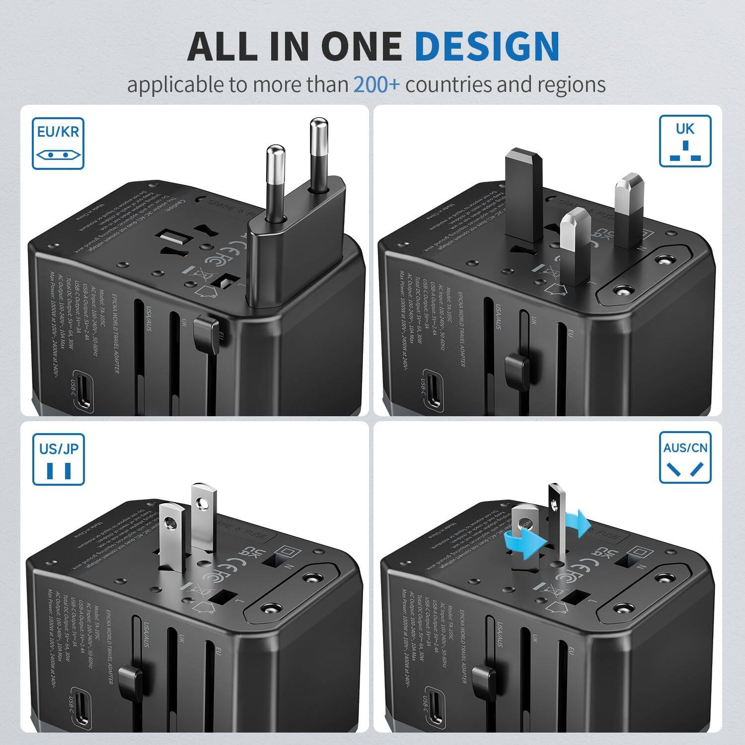 The text on the image is grouped and corrected as follows:

ALL IN ONE DESIGN applicable to more than 200+ countries and regions:
EU/KR UK | N RGLS
US/JP AUS/CN
US/RUS

The image showcases a black power strip with four different types of plugs, indicating that it is designed to be used in various countries and regions around the world.