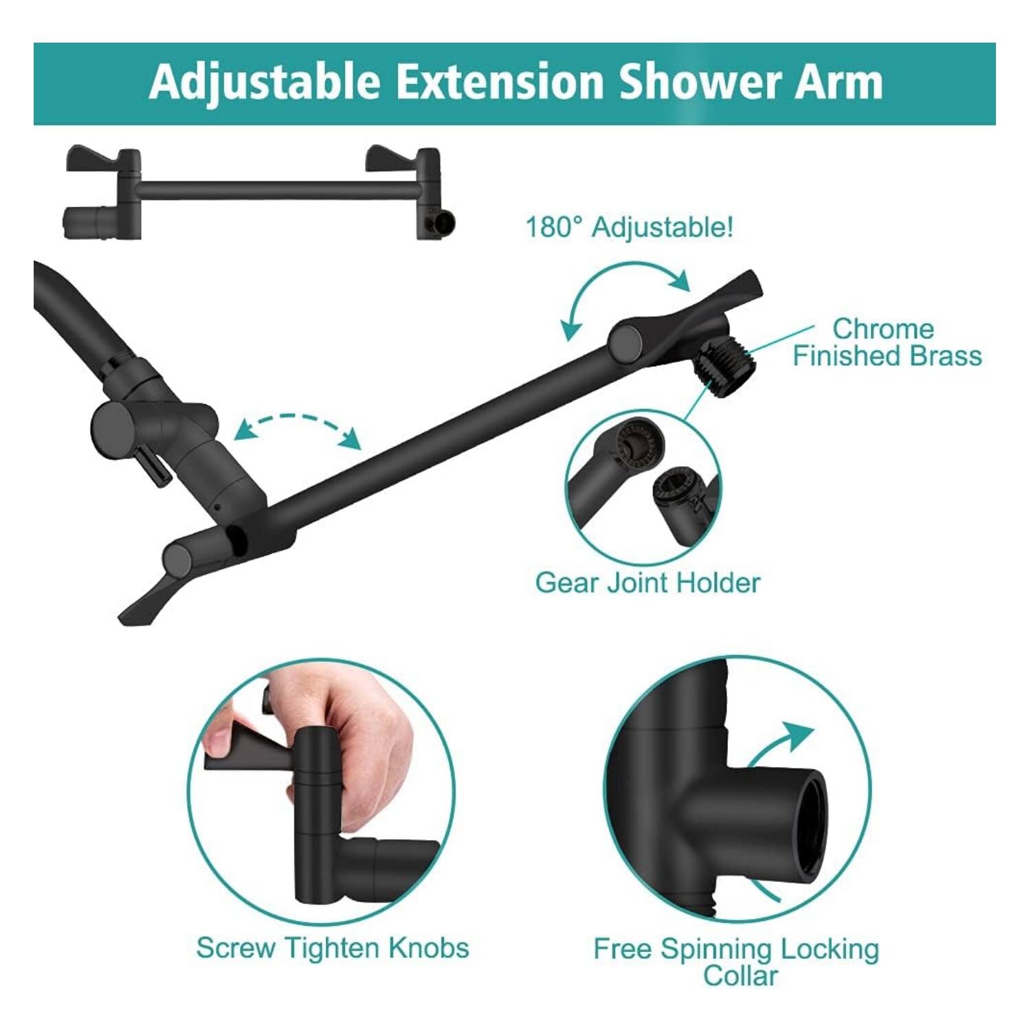 Adjustable Extension Shower Arm

- 180° Adjustable!
- Chrome Finished Brass
- Gear Joint Holder
- Screw Tighten Knobs
- Free Spinning Locking Collar
