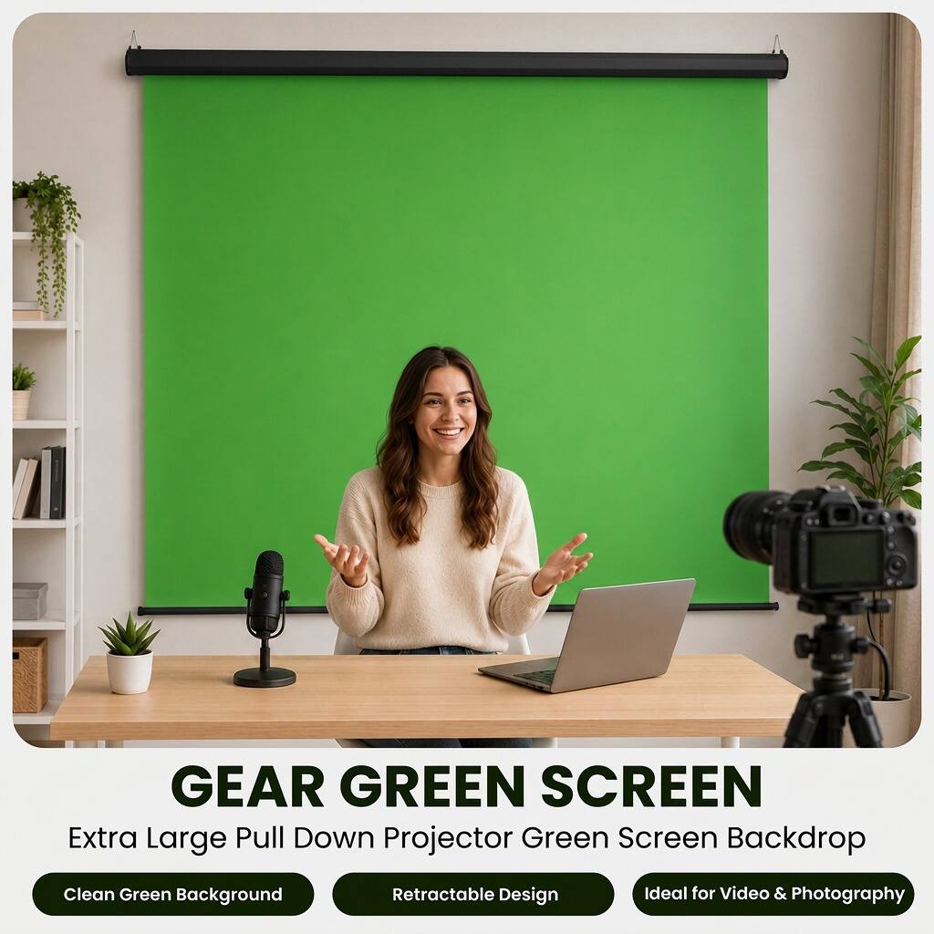 GEAR GREEN SCREEN  
Extra Large Pull Down Projector Green Screen Backdrop  

Clean Green Background  
Retractable Design  
Ideal for Video & Photography