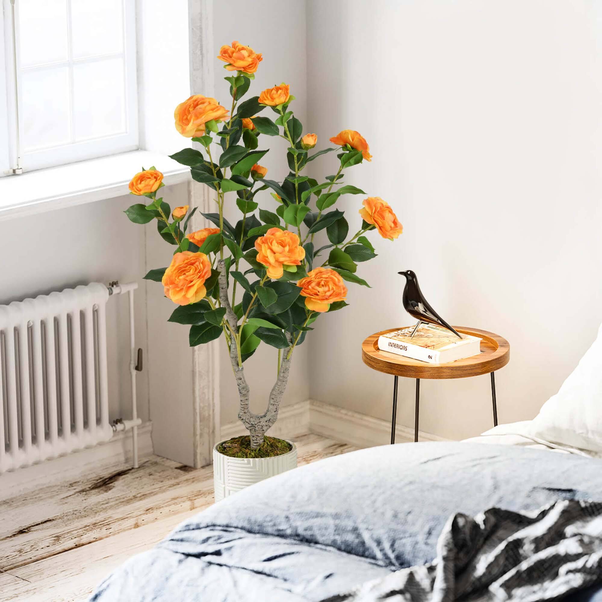 Alt View 4. Costway - Costway 2 PCS 36" Artificial Camellia Tree Fake Potted Tree Greenery Floral Plant Modern Orange - Orange.
