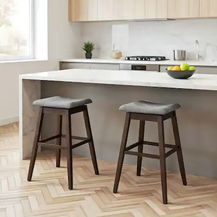 Front. Kadyn - Set of 2 Swivel Bar Stools with Footrest and Rubberwood Legs, Gray and Brown - Gray.