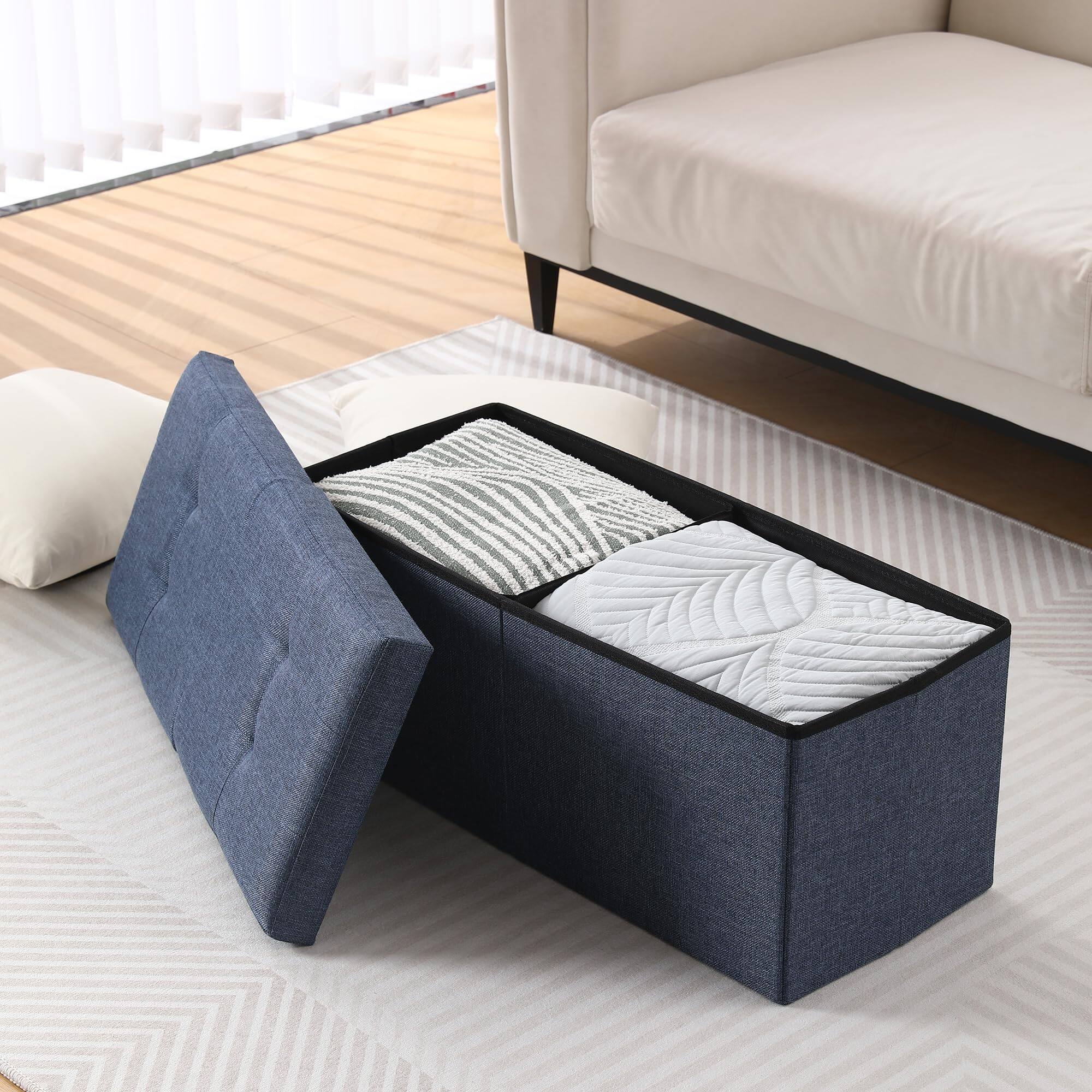 Alt View 3. JETRANSPORT - Storage Ottoman Bench Foldable Seat Footrest Shoe Flipping Space Inches Linen Fabric Navy Measures: - Sandy Beige 45.3" Flip.