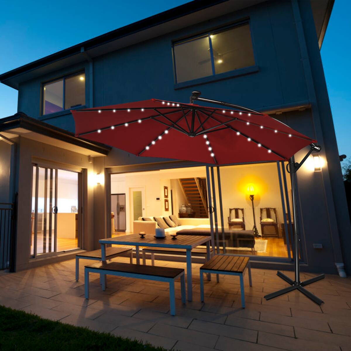 Alt View 4. Costway - 10FT Patio Offset Umbrella Solar LED 360degrees Rotation - Wine.