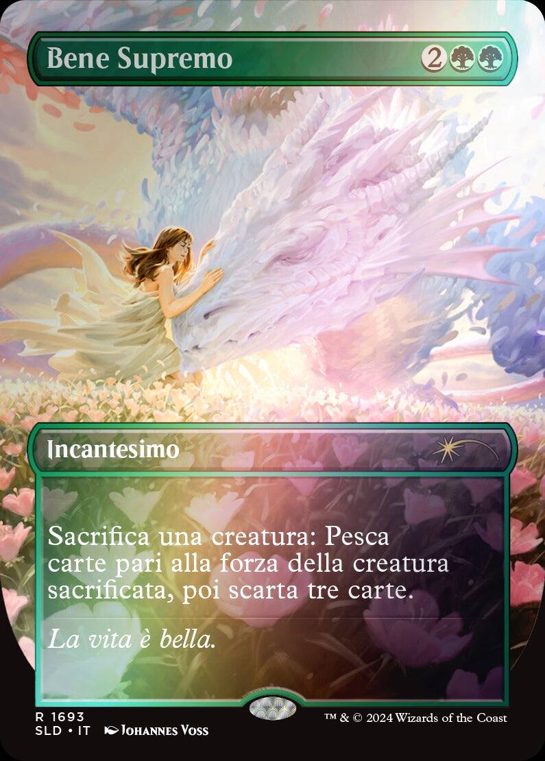 Bene Supremo  
2  
Incantesimo  
Sacrifica una creatura: Pesca carte pari alla forza della creatura sacrificata, poi scarta tre carte.  
La vita è bella.  

R 1693  
SLD • IT  
Johannes Voss  
TM & © 2024 Wizards of the Coast