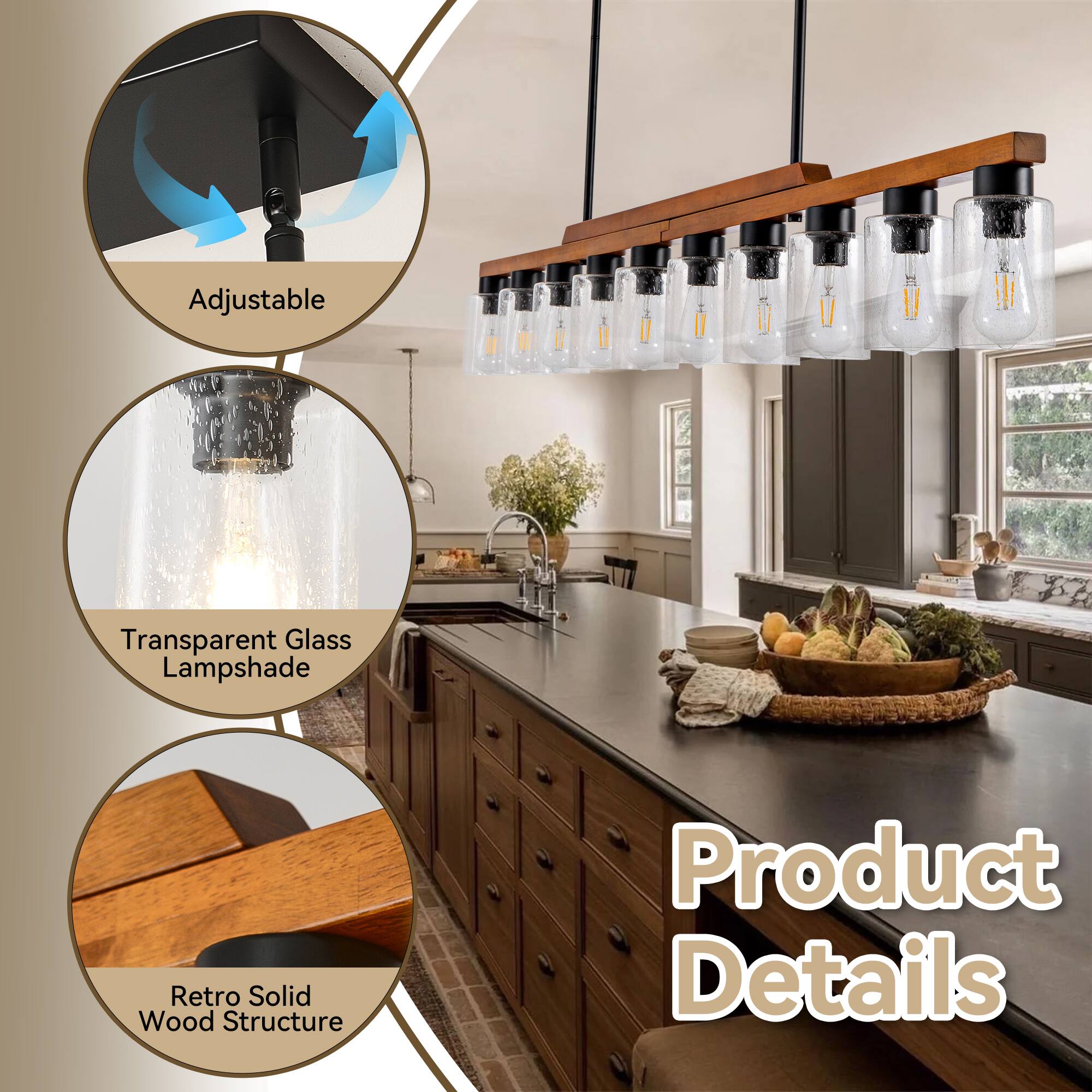 Adjustable  
Transparent Glass Lampshade  
Retro Solid Wood Structure  

Product Details