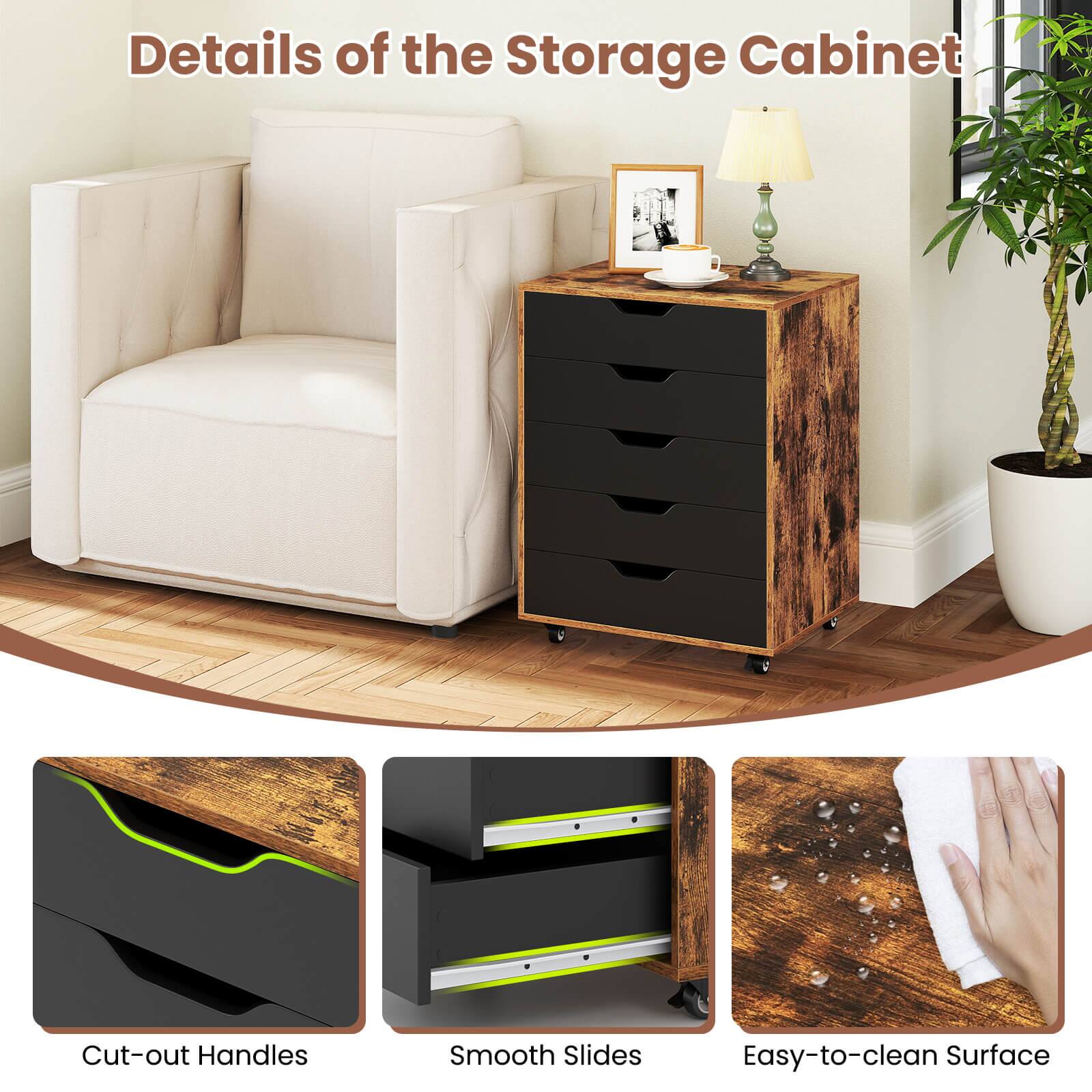 Details of the Storage Cabinet: Cut-out Handles, Smooth Slides, Easy-to-clean Surface.