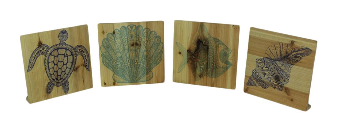Front. Transpac - Set of 4 Wood Turtle Fish and Shell Blocks - Tan.