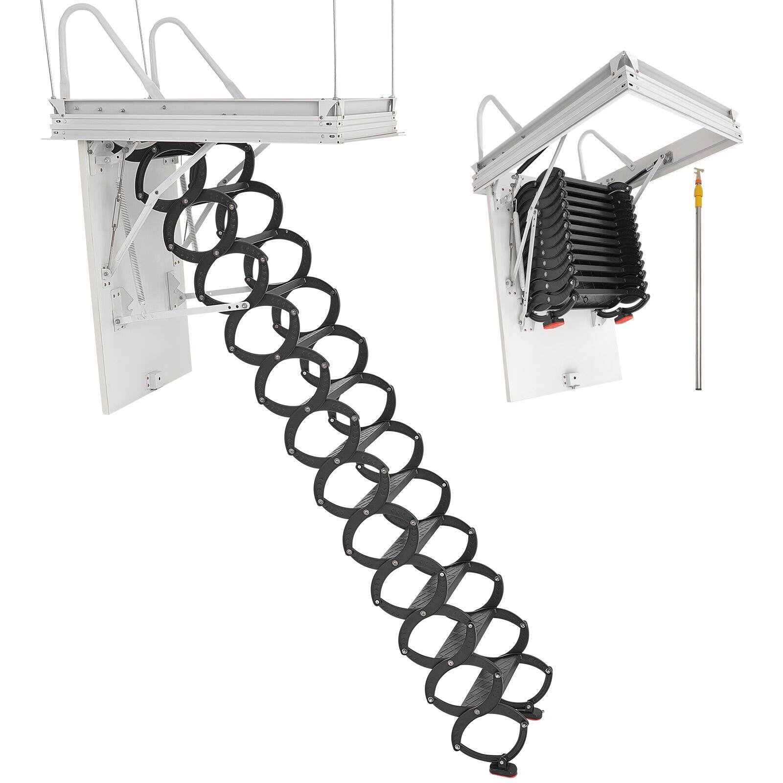 Front. VEVOR - Attic Ladder, 660LBS/299.4KG Capacity, Fits 9.5 to 10.2 ft Ceiling Height and 39.4 x 27.5 inch Opening Size, Alloy Steel - Black.