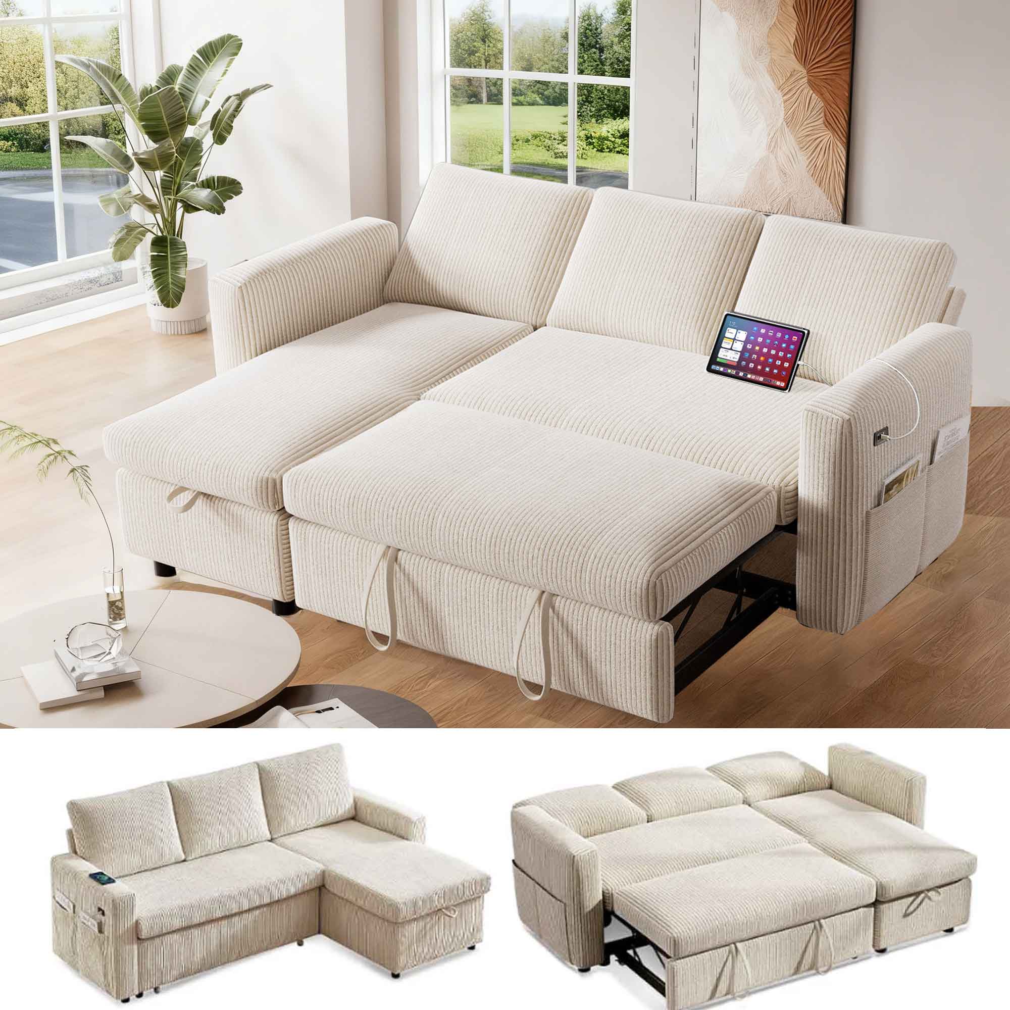 Vipbear - 81" Sleeper Sofa Bed with Pull Out Bed L Shaped Sectional Sleeper Sofa, Tool-Free Assembly,Corduroy Beige - Beige