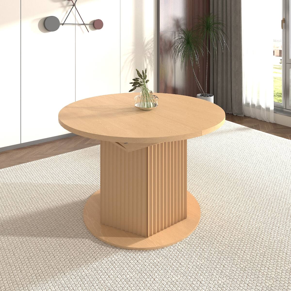 Alt View 9. Loheer - Loheer Extendable Round Dining Table for Six, Light Brown Wood Table with Textured Base - Light Brown.