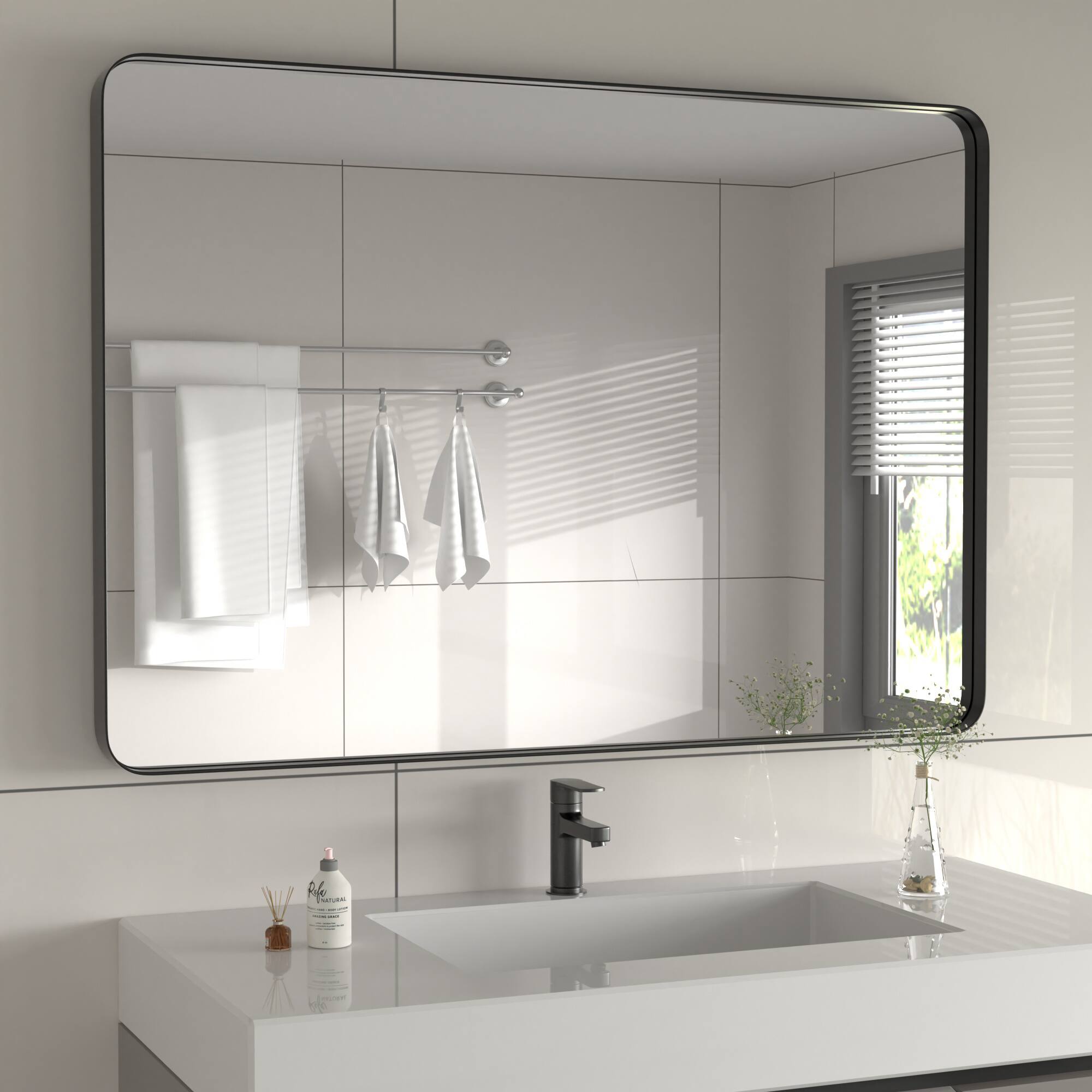 Left. PAIHOME - Classic Stainless Steel Rectangular Wall Mirror - High-Strength Tempered Glass Bathroom Mirrors Modern Mirror - Black-22x30 Inch.