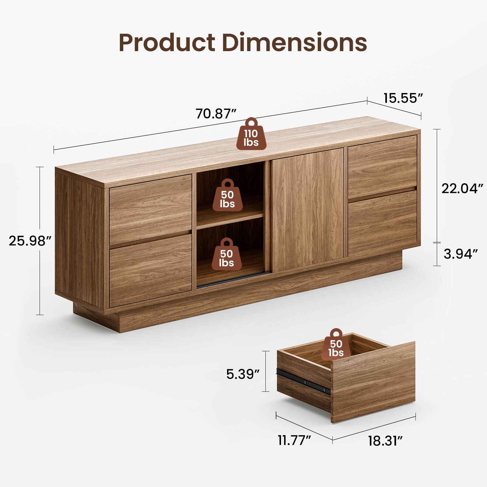 Product Dimensions

- 70.87"
- 15.55"
- 110 lbs
- 25.98"
- 22.04"
- 50 lbs
- 3.94"
- 5.39"
- 11.77"
- 18.31"