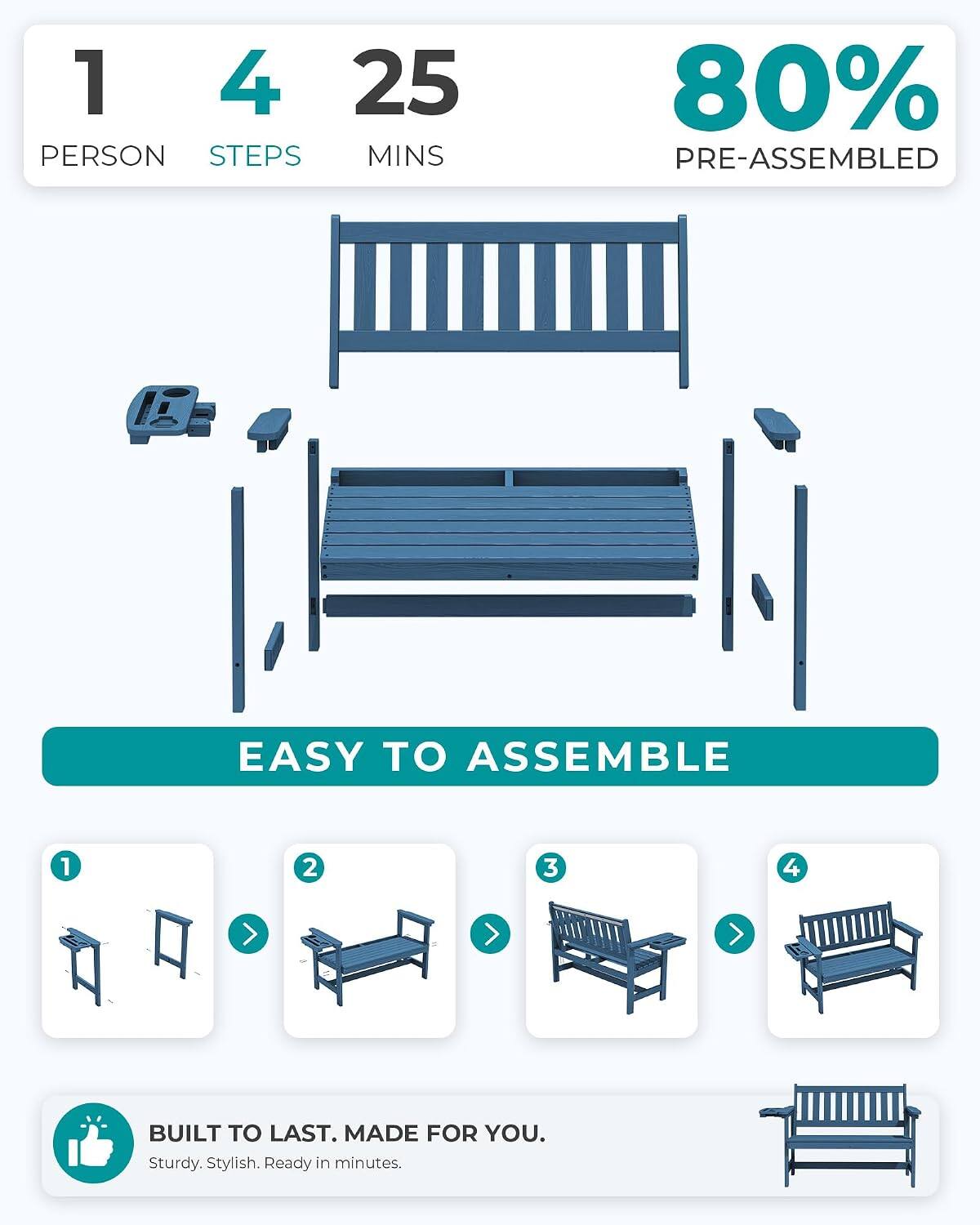 1 PERSON  
4 STEPS  
25 MINS  
80% PRE-ASSEMBLED  

EASY TO ASSEMBLE  

1  
2  
3  
4  

BUILT TO LAST. MADE FOR YOU.  
Sturdy. Stylish. Ready in minutes.
