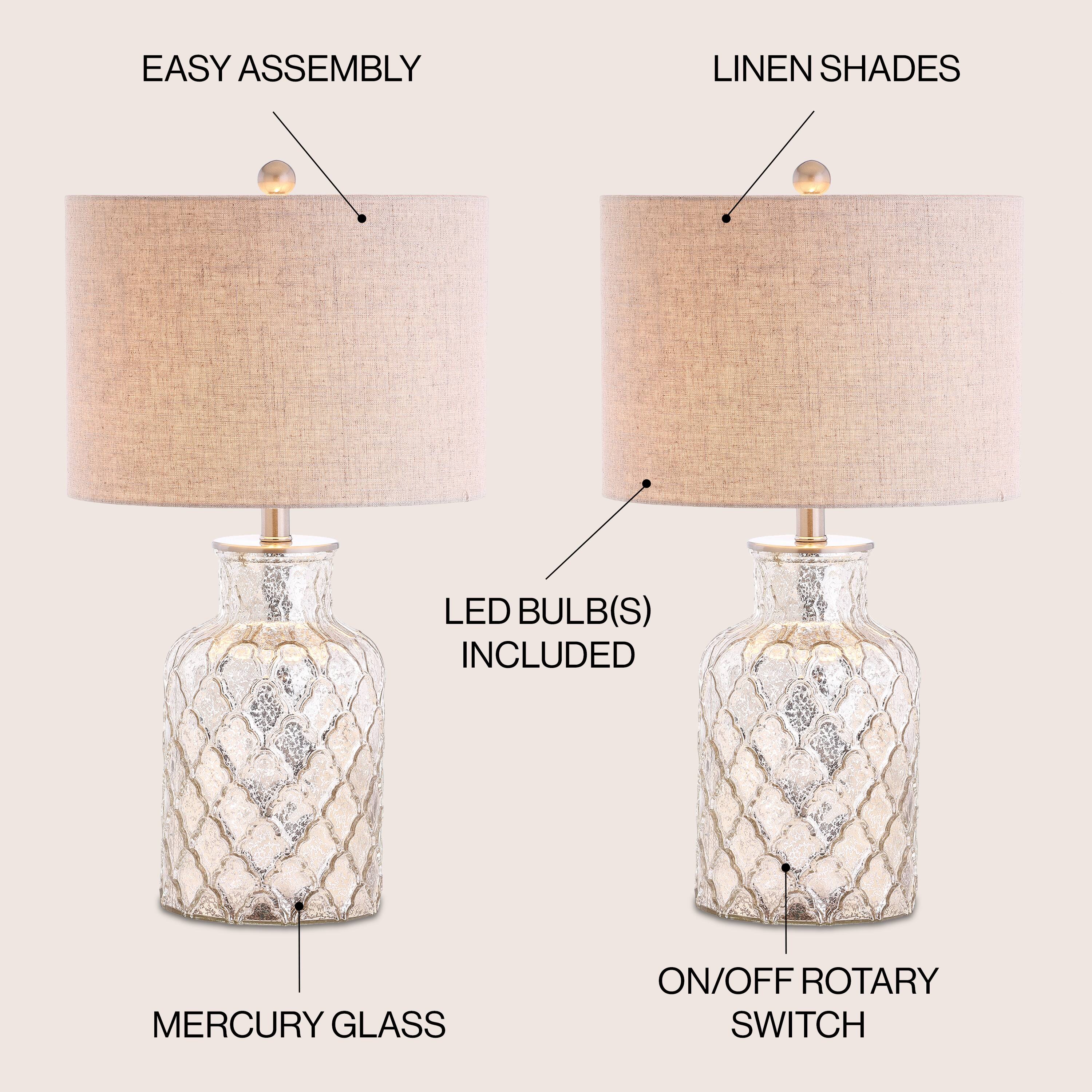 EASY ASSEMBLY  
LINEN SHADES  
LED BULB(S) INCLUDED  
MERCURY GLASS  
ON/OFF ROTARY SWITCH