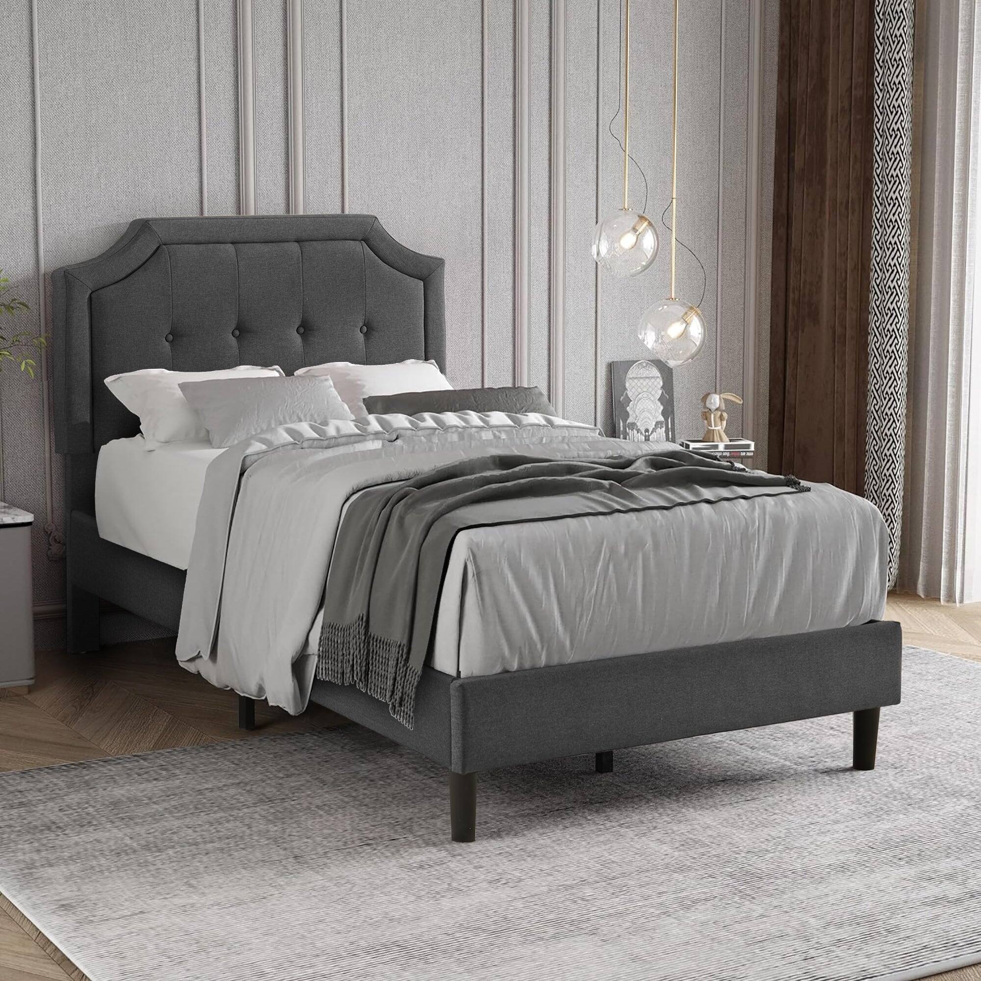 Vecelo - Linen Upholstered Twin Size Bed Frame with Adjustable Headboard - Noise Free Platform Bed, 8" Under Bed Storage - Dark Gray