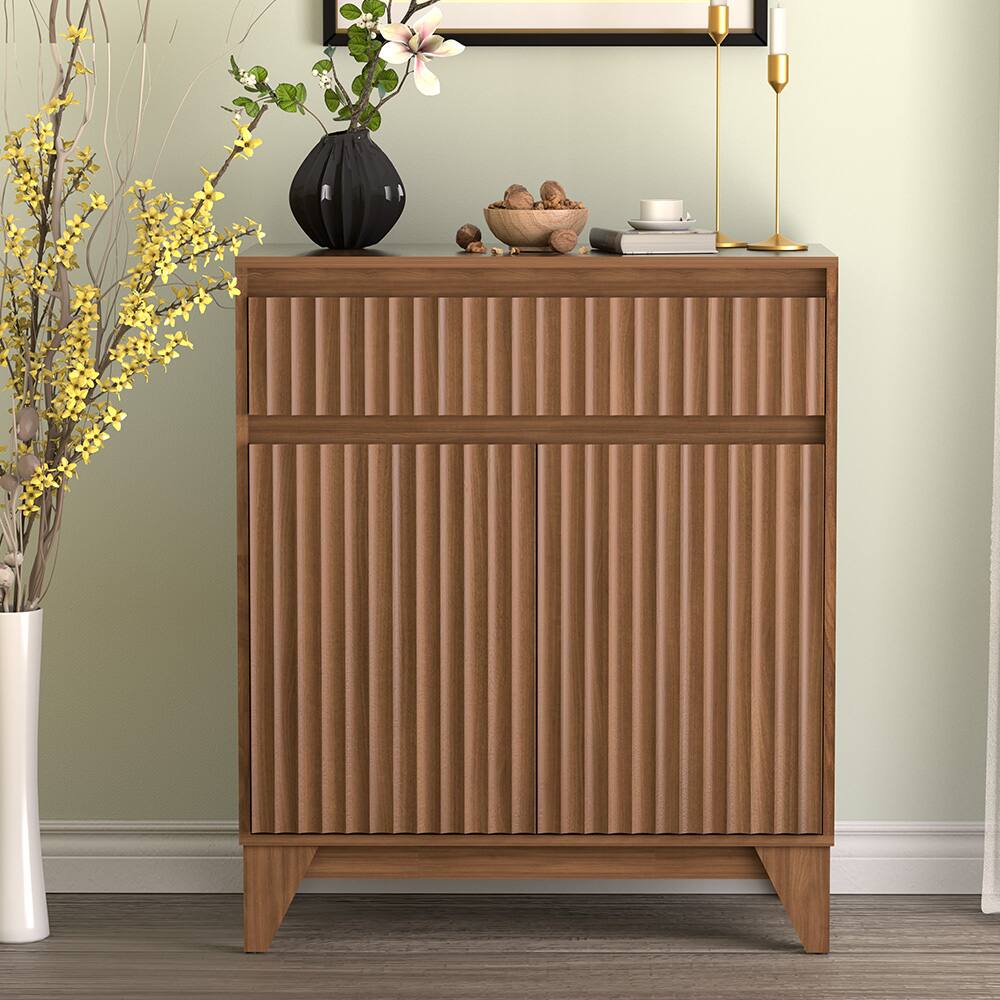 Left. Koligey - 38" Tall 2 - Door Accent Cabinet With Adjustable Shelf, Waveform Fluted Panel - brown.
