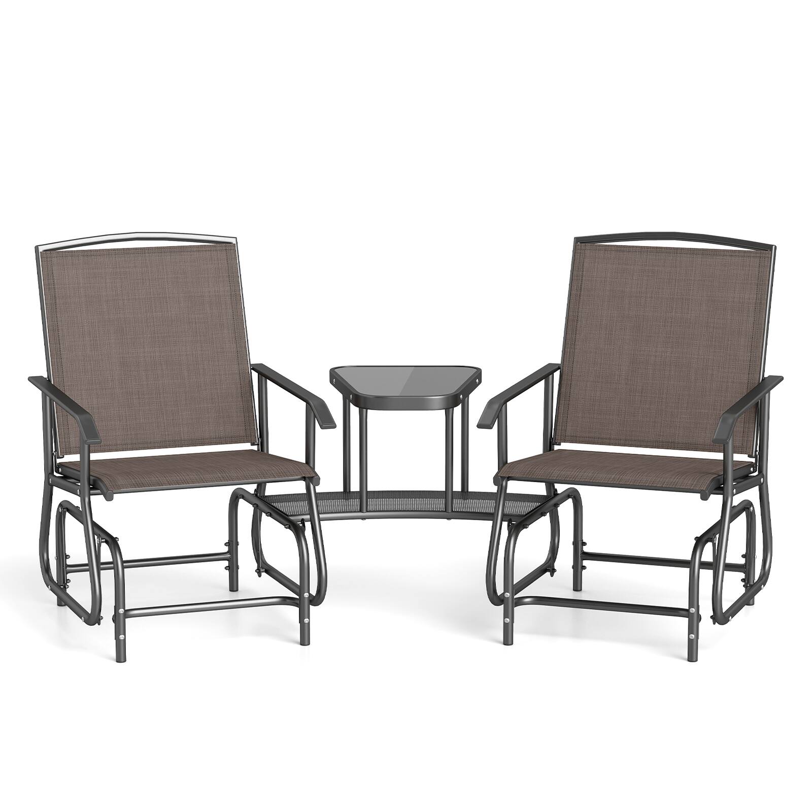 Alt View 9. Costway - Costway Outdoor Bistro Sets Double Swing Glider Chair Rocker Glass Table Umbrella Hole - Brown.
