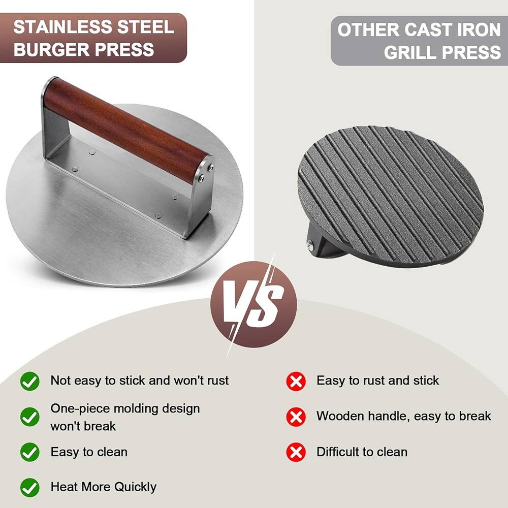 **STAINLESS STEEL BURGER PRESS**

- Not easy to stick and won't rust
- One-piece molding design won't break
- Easy to clean
- Heat More Quickly

**VS**

**OTHER CAST IRON GRILL PRESS**

- Easy to rust and stick
- Wooden handle, easy to break
- Difficult to clean